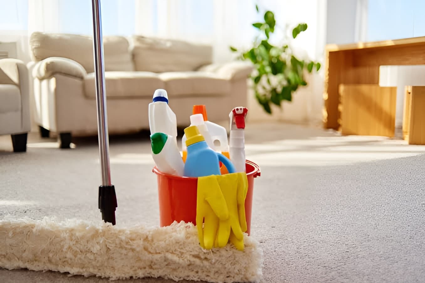 Professionele schoonmaakspullen klaar voor gebruik in een lichte woonkamer